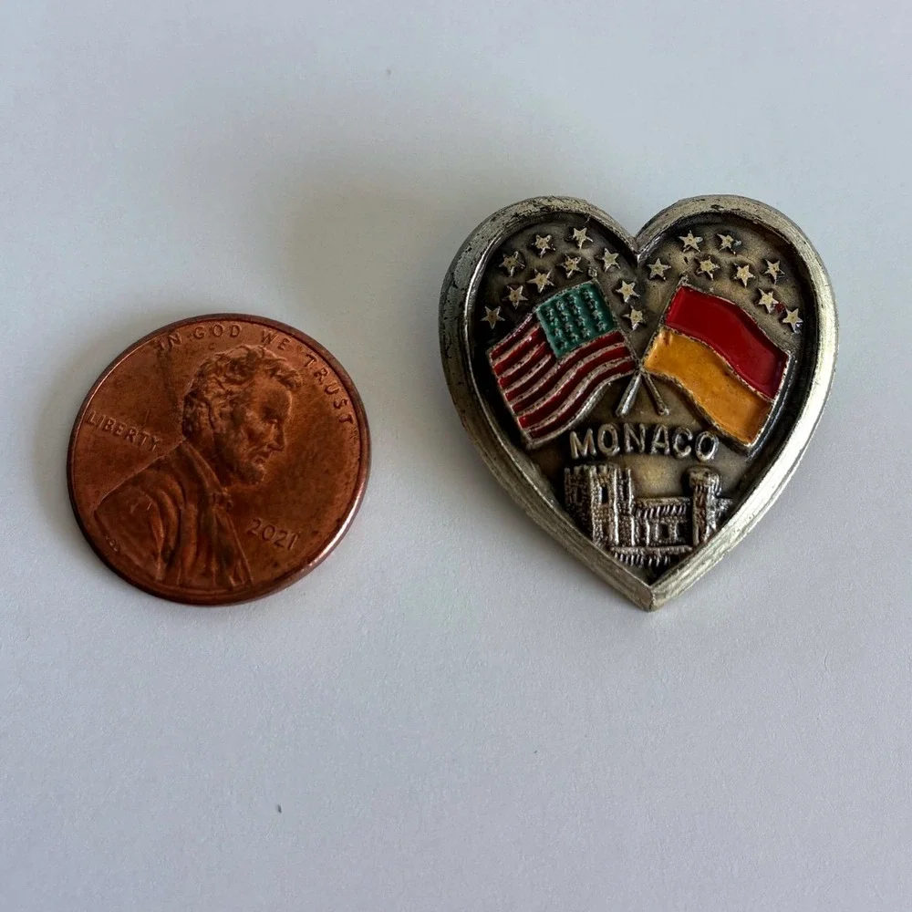 Vintage A. Augis Lyon Monaco USA Flag Heart Pin Enamel Lapel Badge Collectible